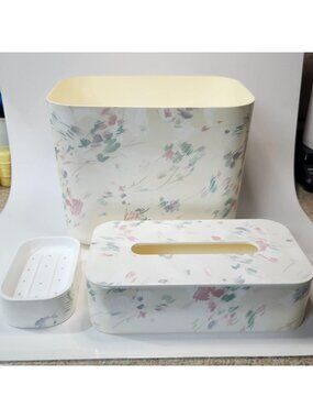 Vintage 3 Pc Acrylic Bathroom Accessory Set Waste Basket Tissue Box Soap Dish